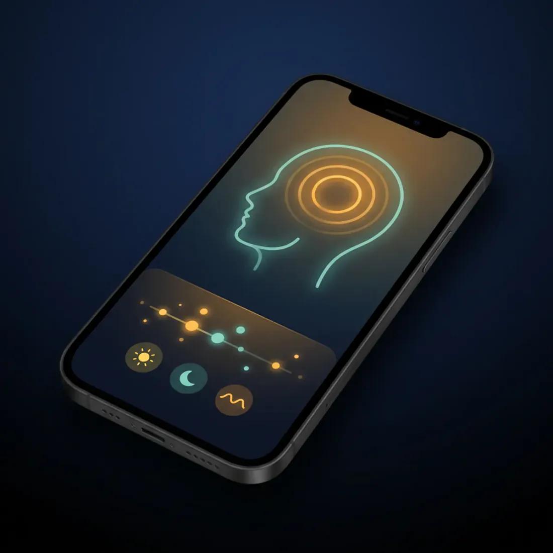 Mockup εφαρμογής παρακολούθησης ημικρανίας σε smartphone — προφίλ κεφαλιού με κύματα πόνου, timeline επεισοδίων και triggers